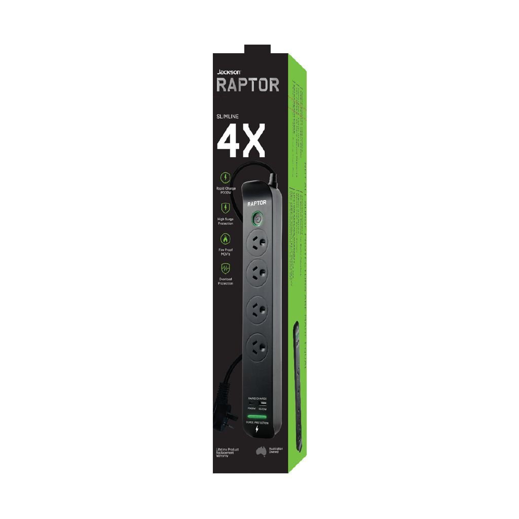 Jackson Raptor 4-Outlet 30W PD USB-C Surge Protected Power Board 1.5m Cable