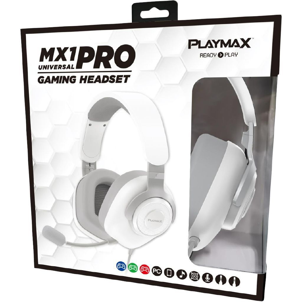 Playmax MX1 Pro Wired Gaming Headset - White, Crisp Stereo Sound, Detachable Microphone