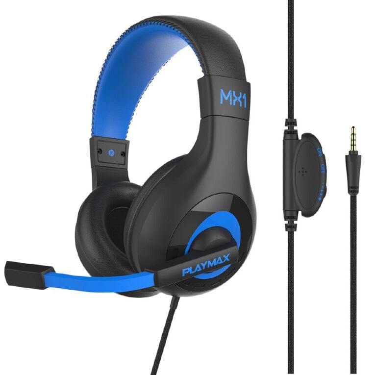 Playmax MX1 Universal Gaming Headset - Crisp Stereo Sound, Retractable Mic, Black/Blue