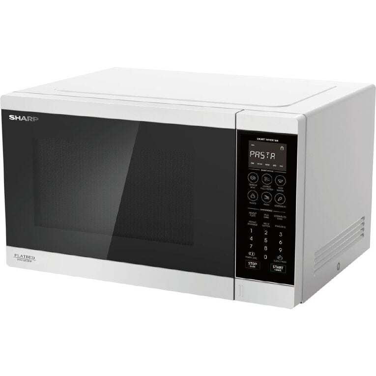 Sharp 30L Flatbed Inverter Microwave: 1200W, Flatbed Design, Sensor Cooking, White Finish