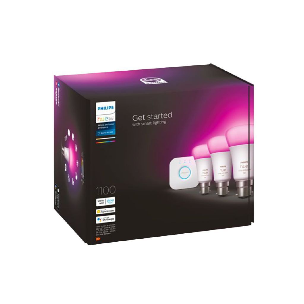 Philips Hue White & Colour Ambience 11W A60 3-Bulb Smart Lighting Starter Kit B22