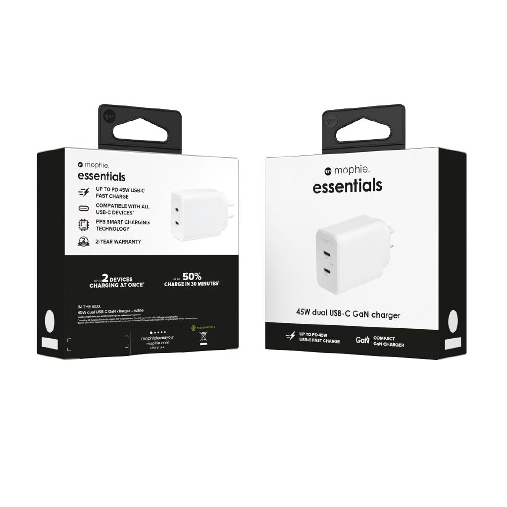 Mophie Essential 45W Dual USB-C GaN Wall Charger - Fast Power Delivery