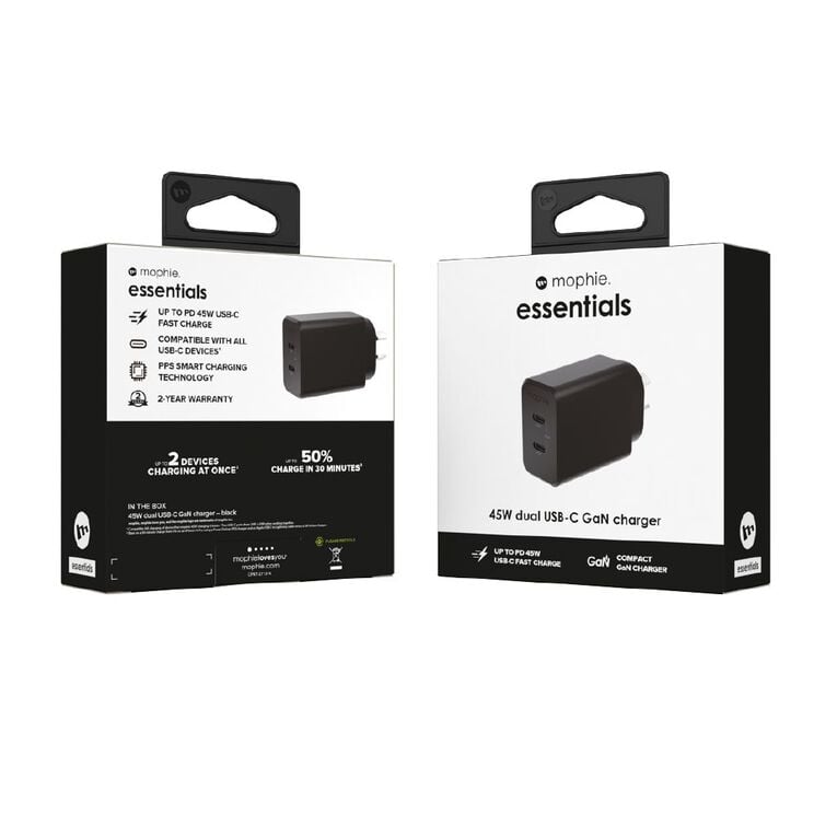 Mophie Essential 45W Dual USB-C GaN Fast Wall Charger Black