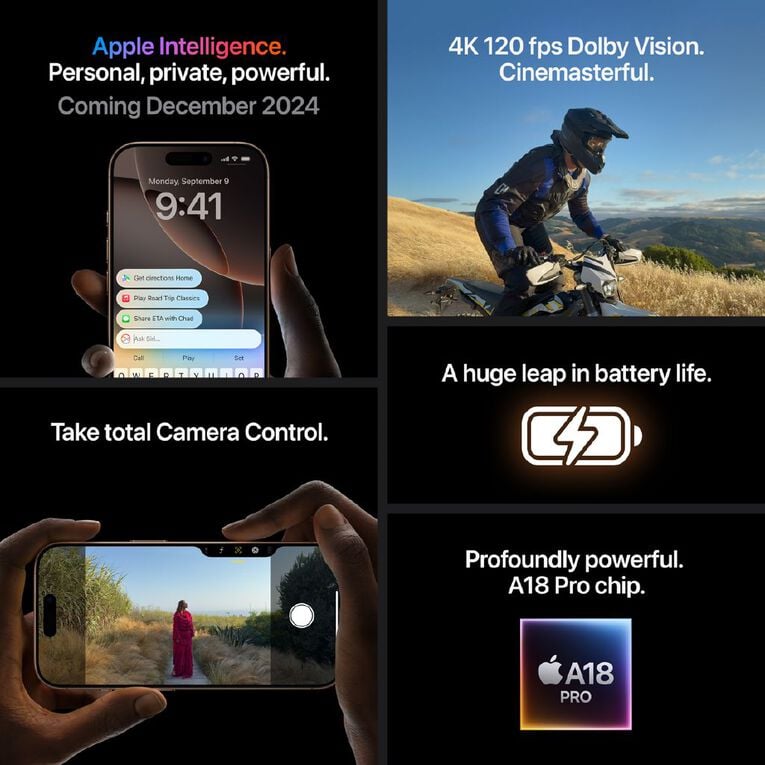 Apple iPhone 16 Pro 128GB Natural Titanium - A18 Pro, 48MP Camera, iOS 18