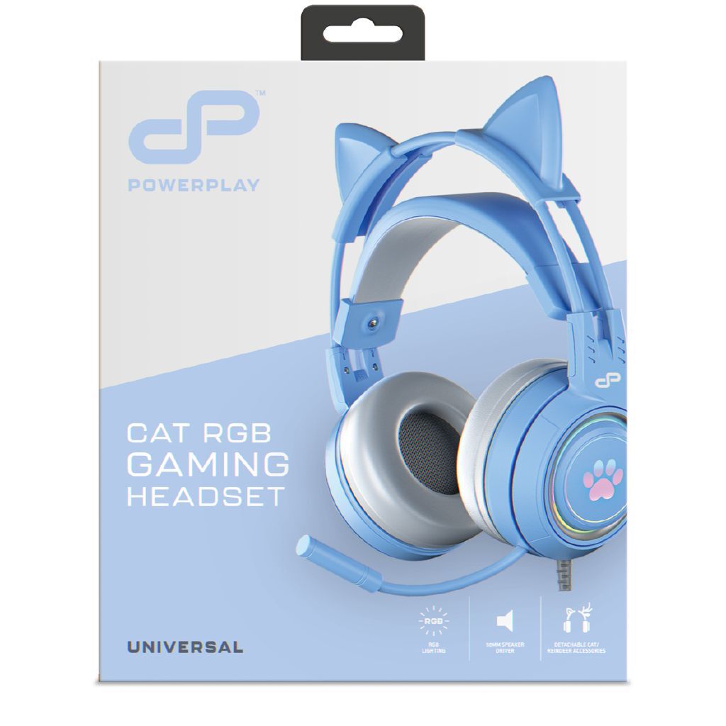 PowerPlay Blue Cat RGB Gaming Headset with Detachable Ears, 50mm Drivers, Lightweight